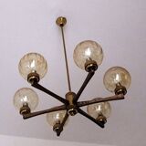 Angelo Brotto for Esperia gold-plated brass chandelier with 6 crackle-glass globes, Italy 1960s
