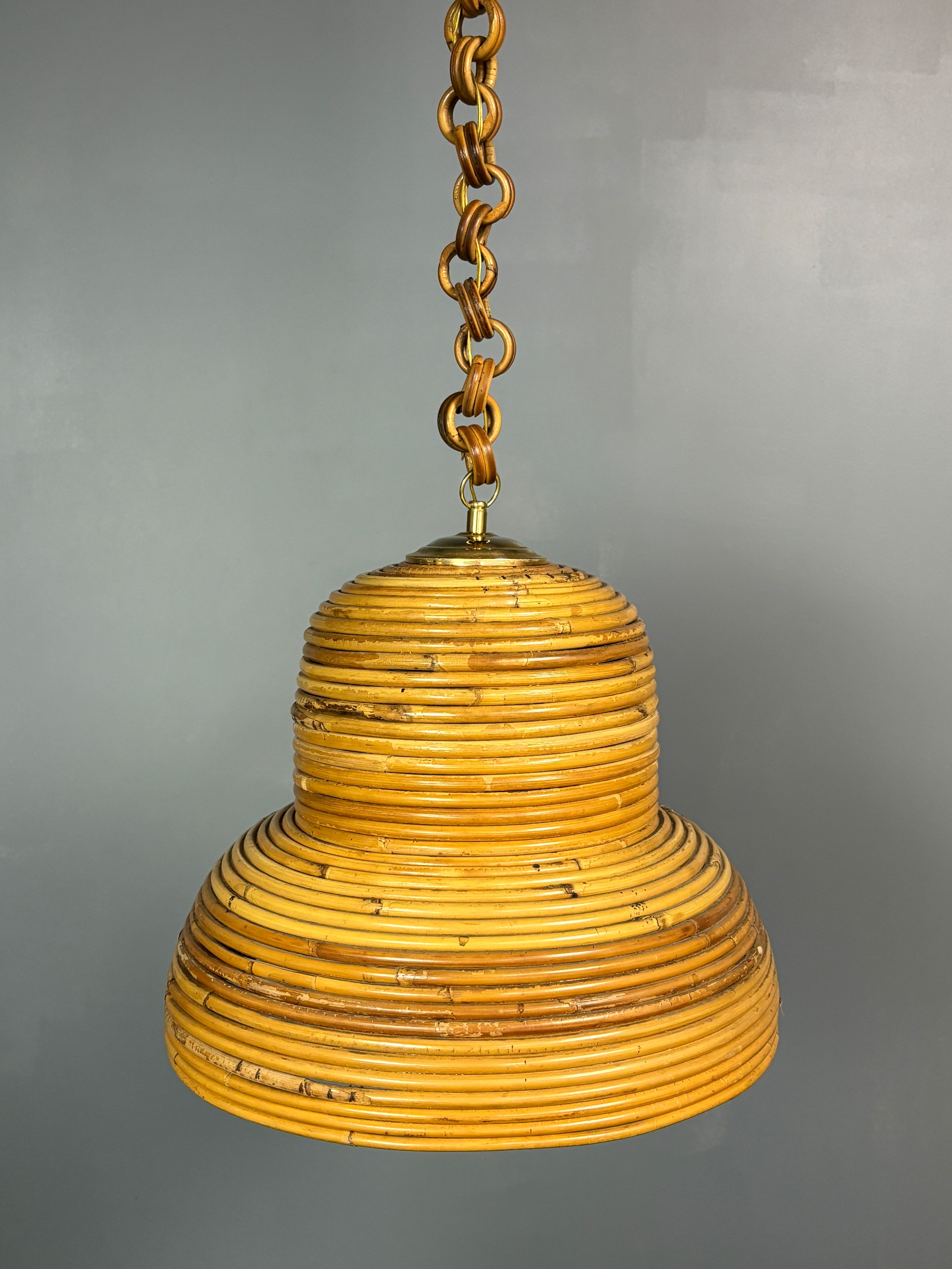 Midcentury Italian pencil reed rattan bamboo and brass hanging lamp pendant
