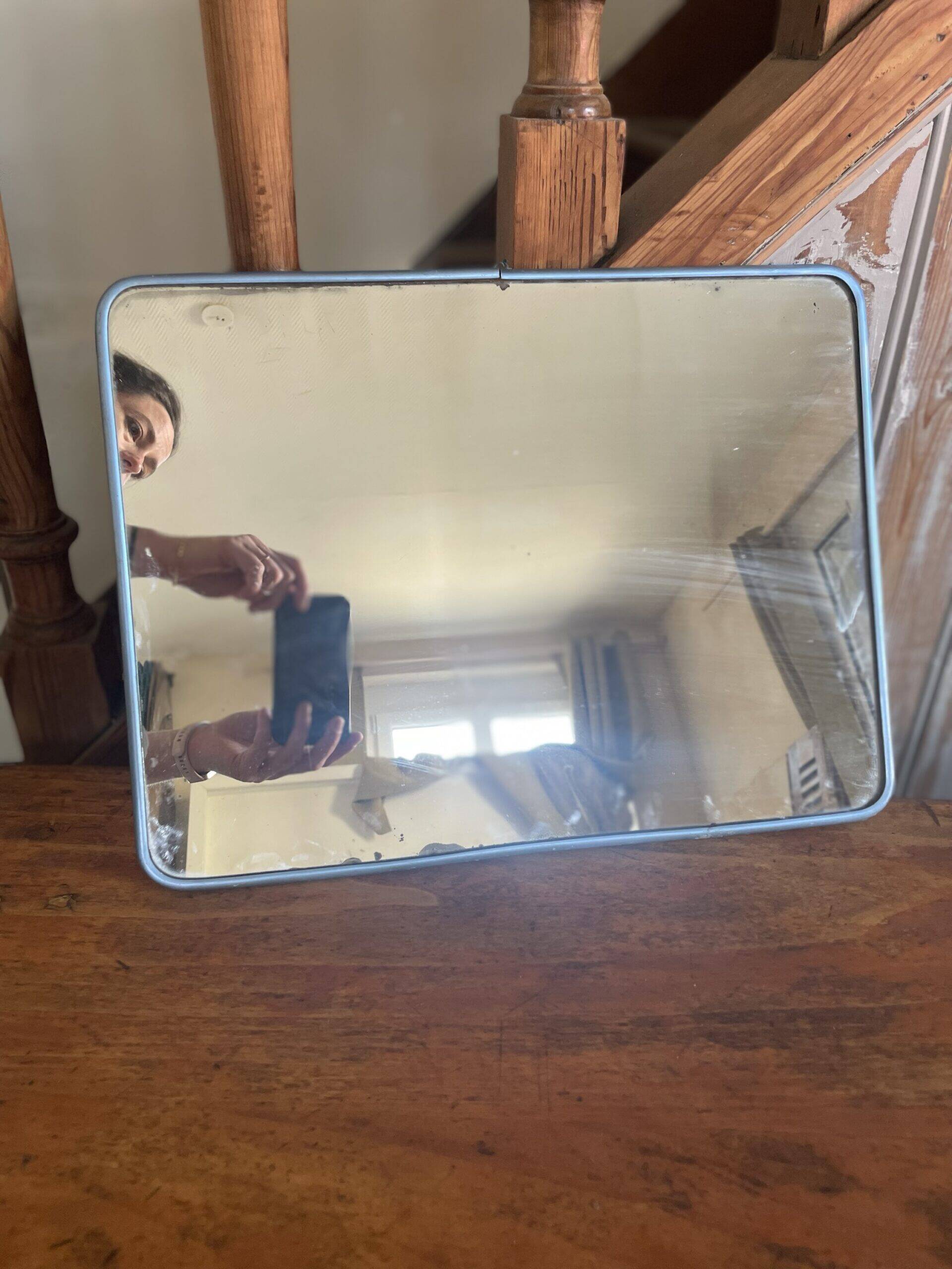Large metallic blue barber mirror