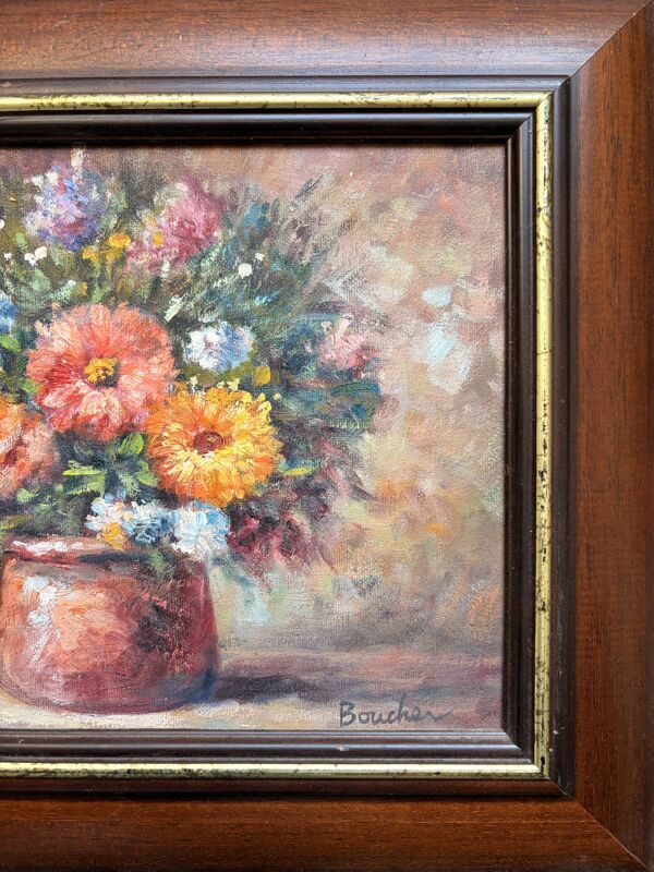 Tableau Huile Bouquet de Fleurs Impressionniste Signé Boucher Cadre Bois