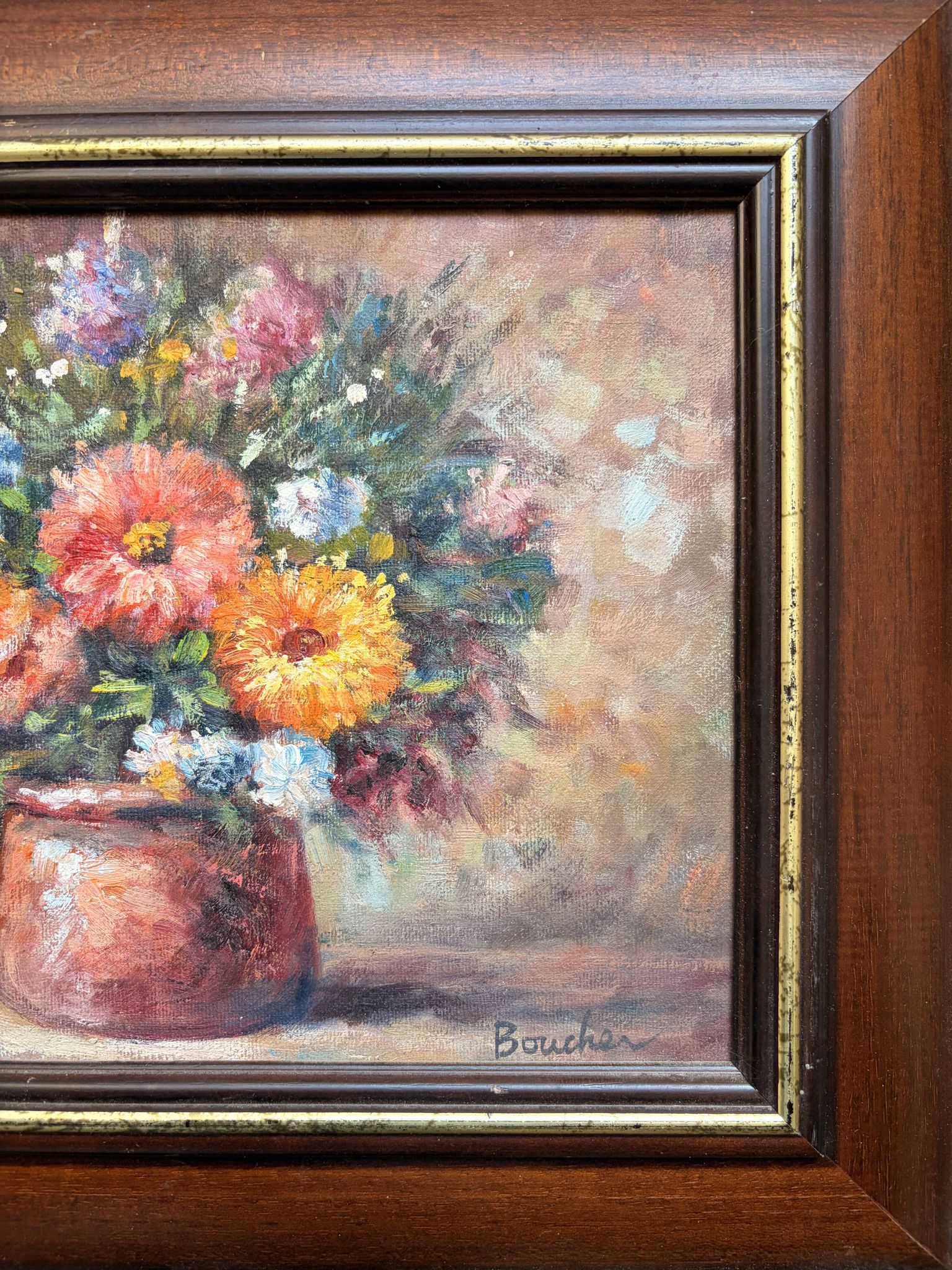Oil Painting Bouquet of Flowers Impressionist Signed Boucher Wooden Frame
