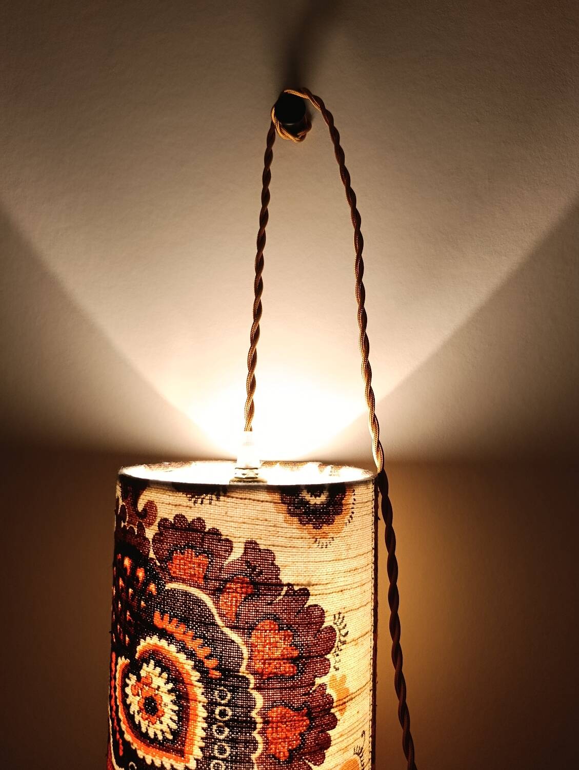 Vintage portable lamp with authentic seventies floral linen fabric.