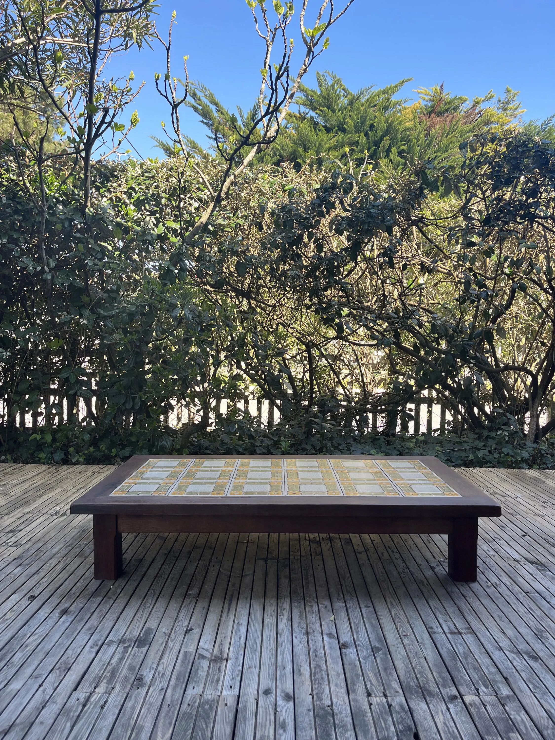 Large vintage 1960s oak and ceramic coffee table.