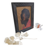 Framed wood portrait signed LH