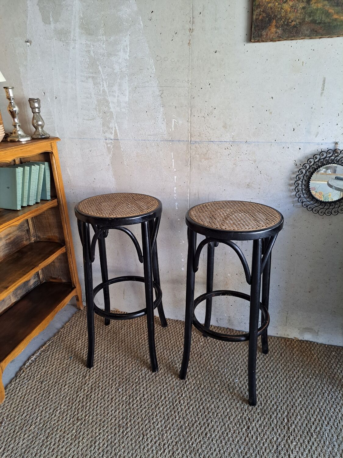 Paire de tabourets de bar cannés , en bois courbé