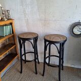Pair of canned bar stools, curved wood