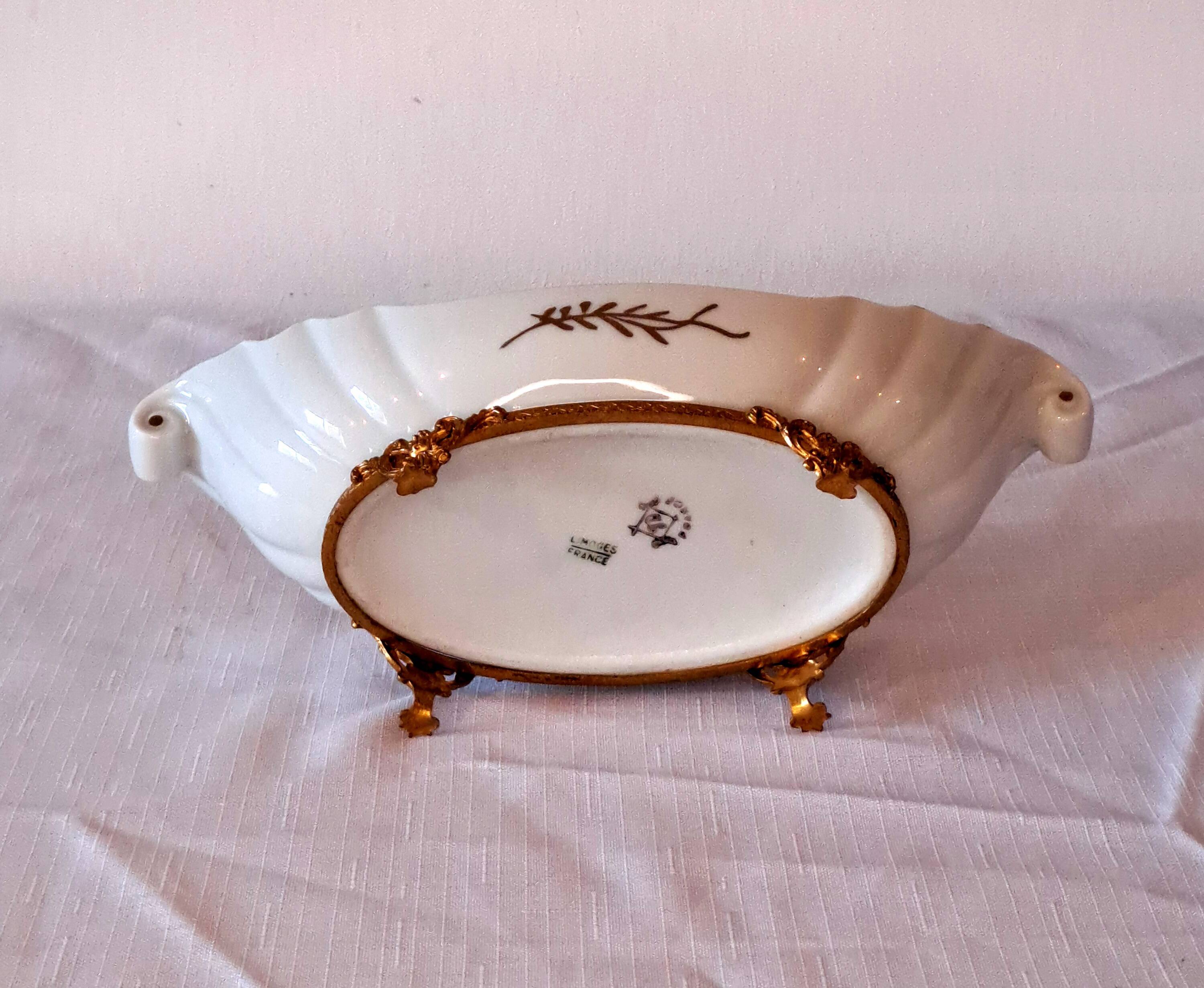Antique Limoges bowl – painted porcelain & gilded bronze, Louis XV style