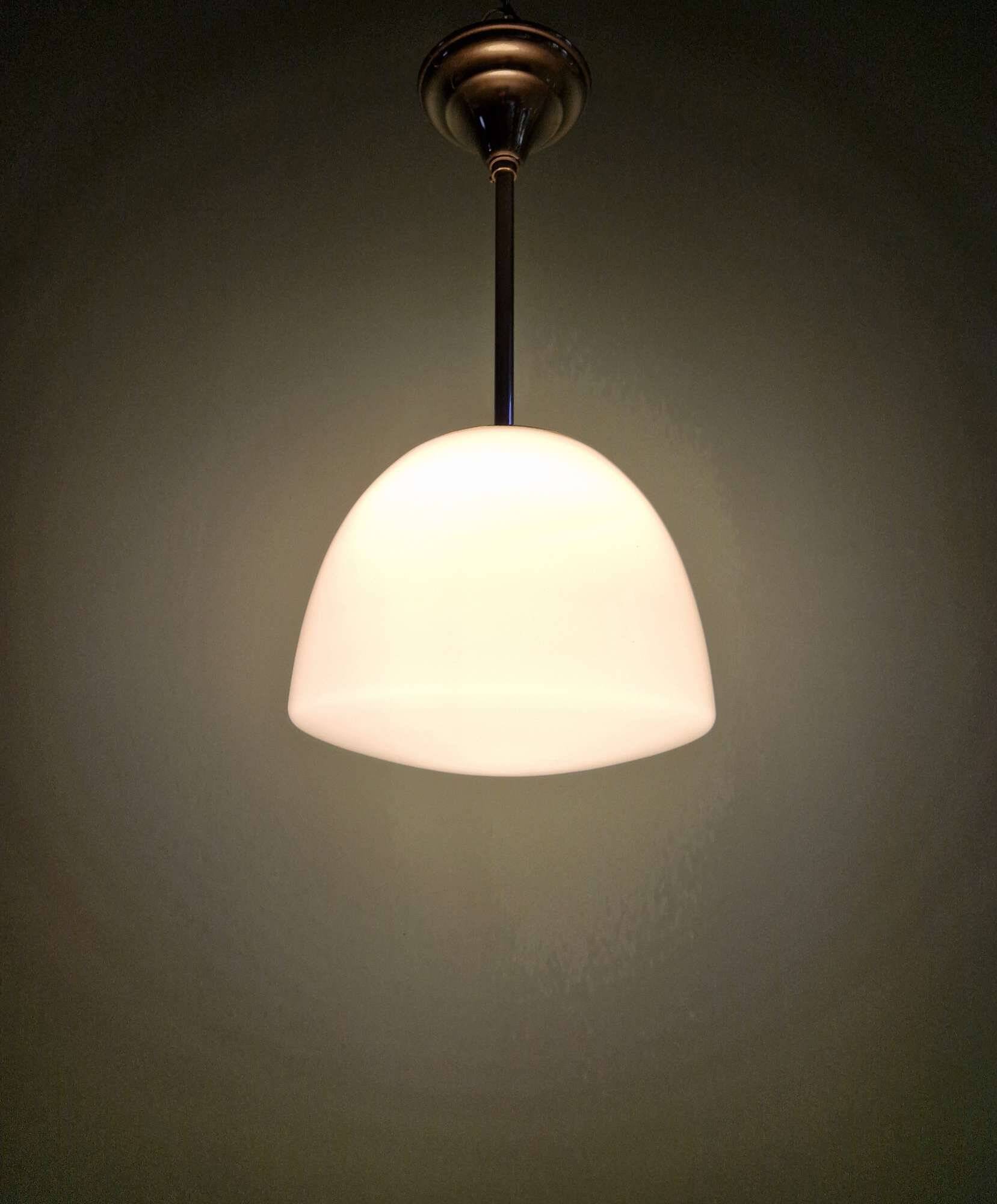 Art Deco pendant light in white opaline glass with chrome frame, 1920-30