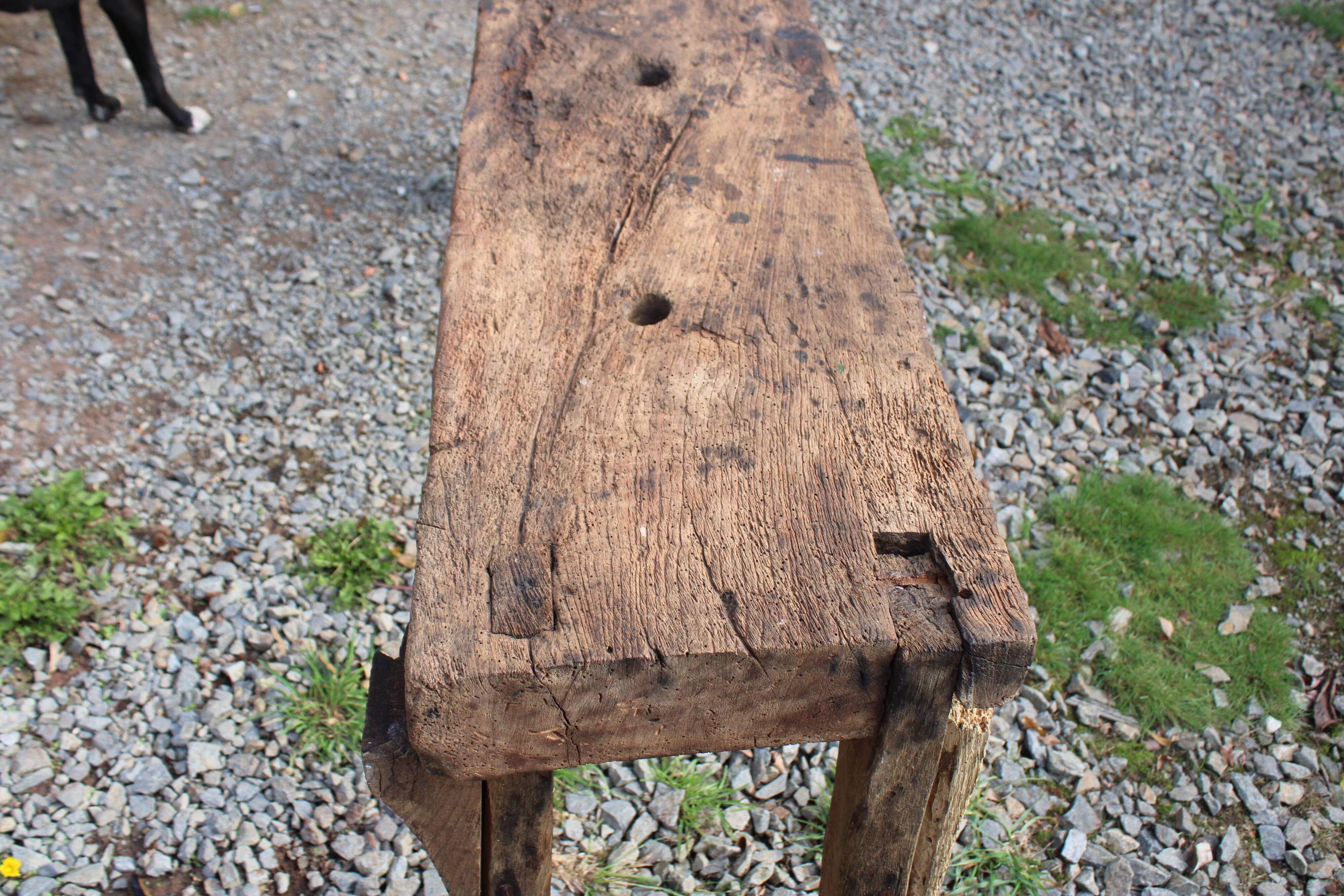 Old solid wood workbench – character console, thick top – 165 cm
