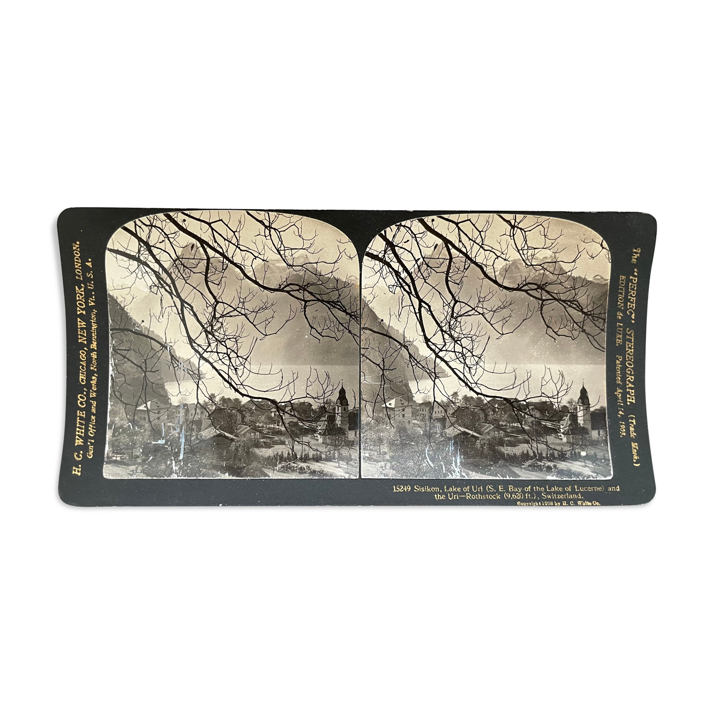 Old photography stereo, stereograph, luxury albumine 1903 Lake Lucerne, Switzerland