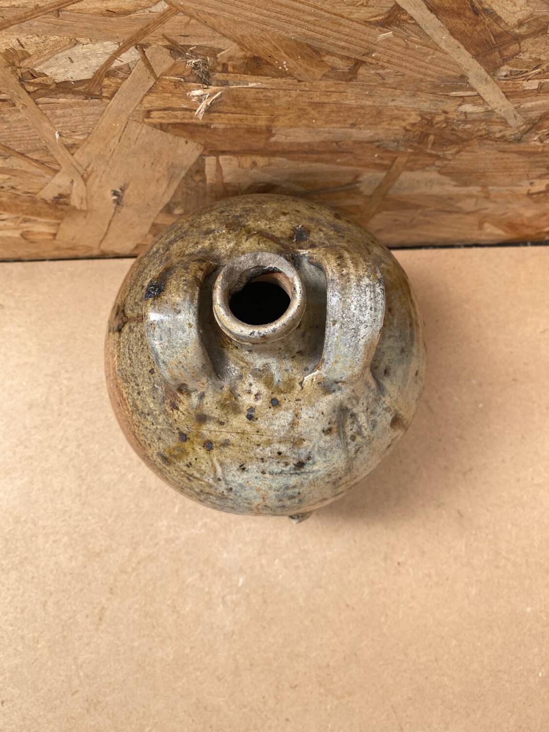 Antique oil jug jar double handle glazed stoneware grey vintage