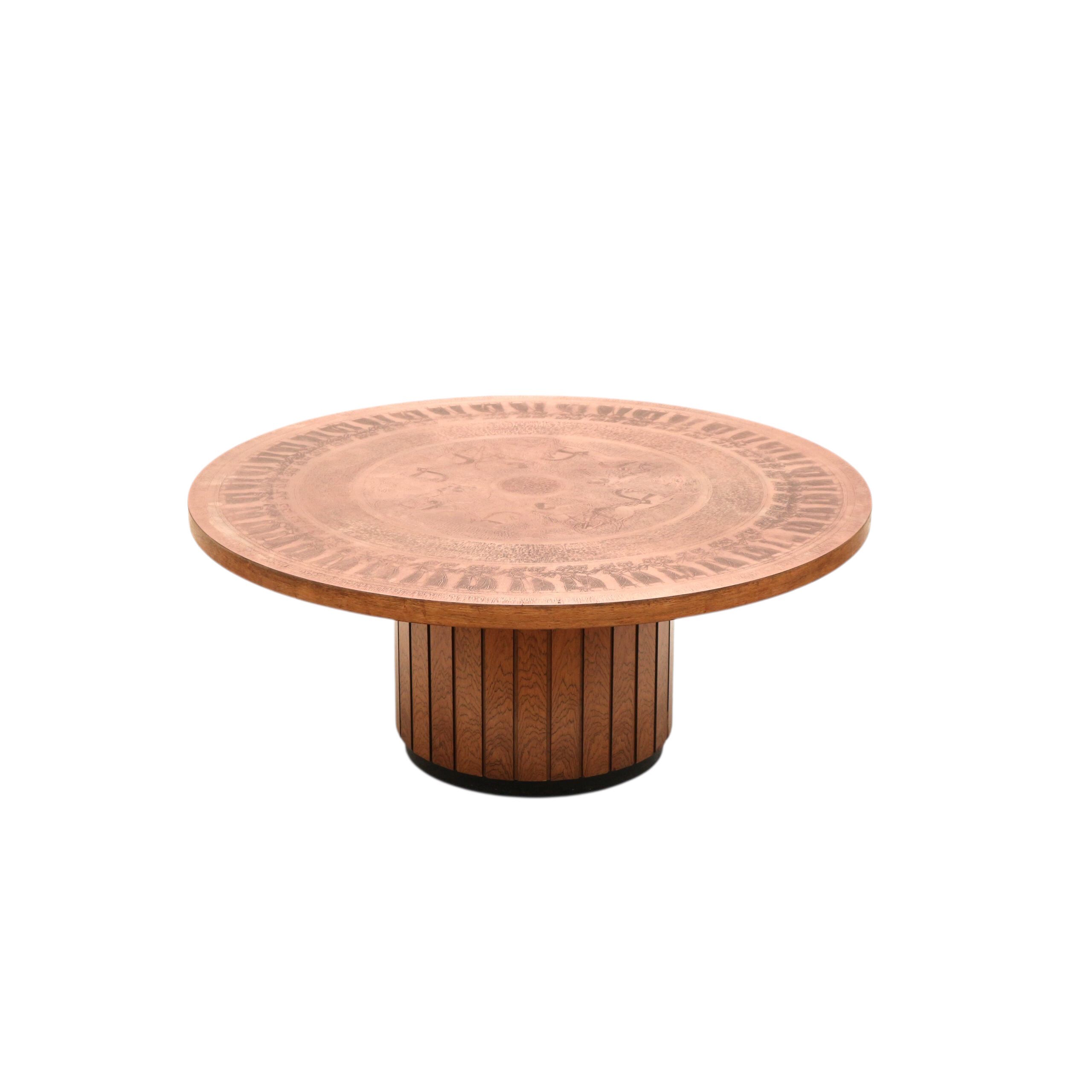 Round vintage brutalist coffee table by VAD Trævarefabrik with copper top
