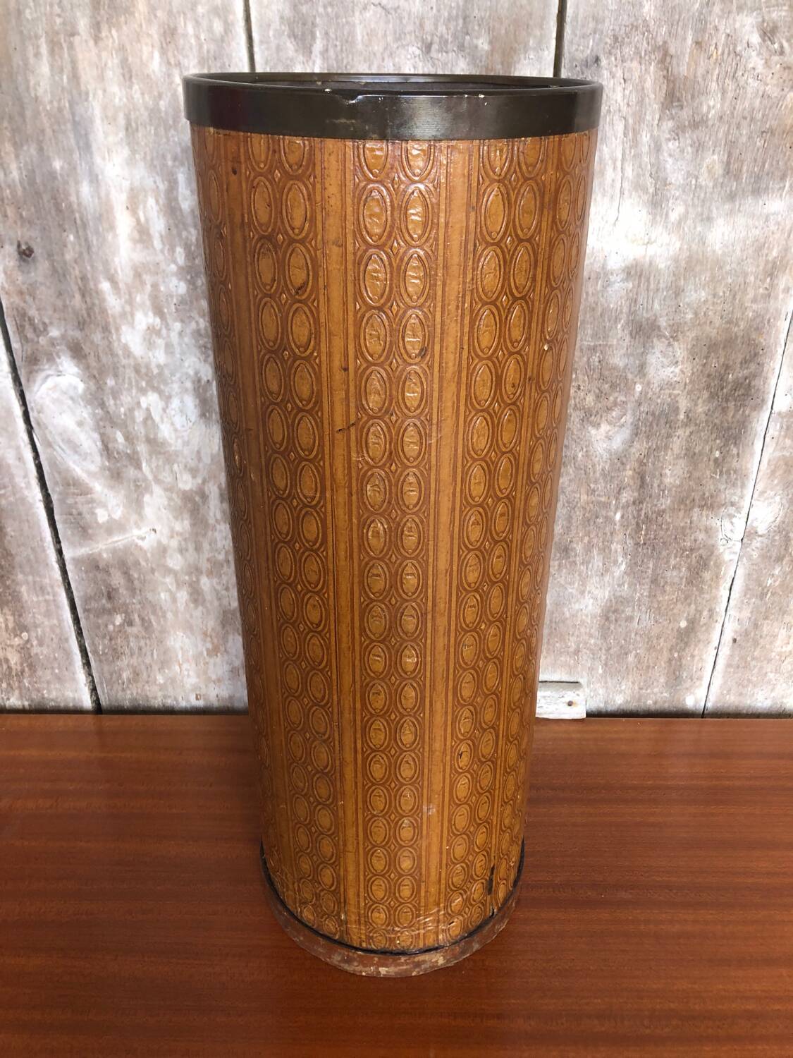 Boiled cardboard umbrella stand + brass strapping + vintage interior tray #a312