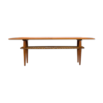 Table basse mid-century en teck et rotin