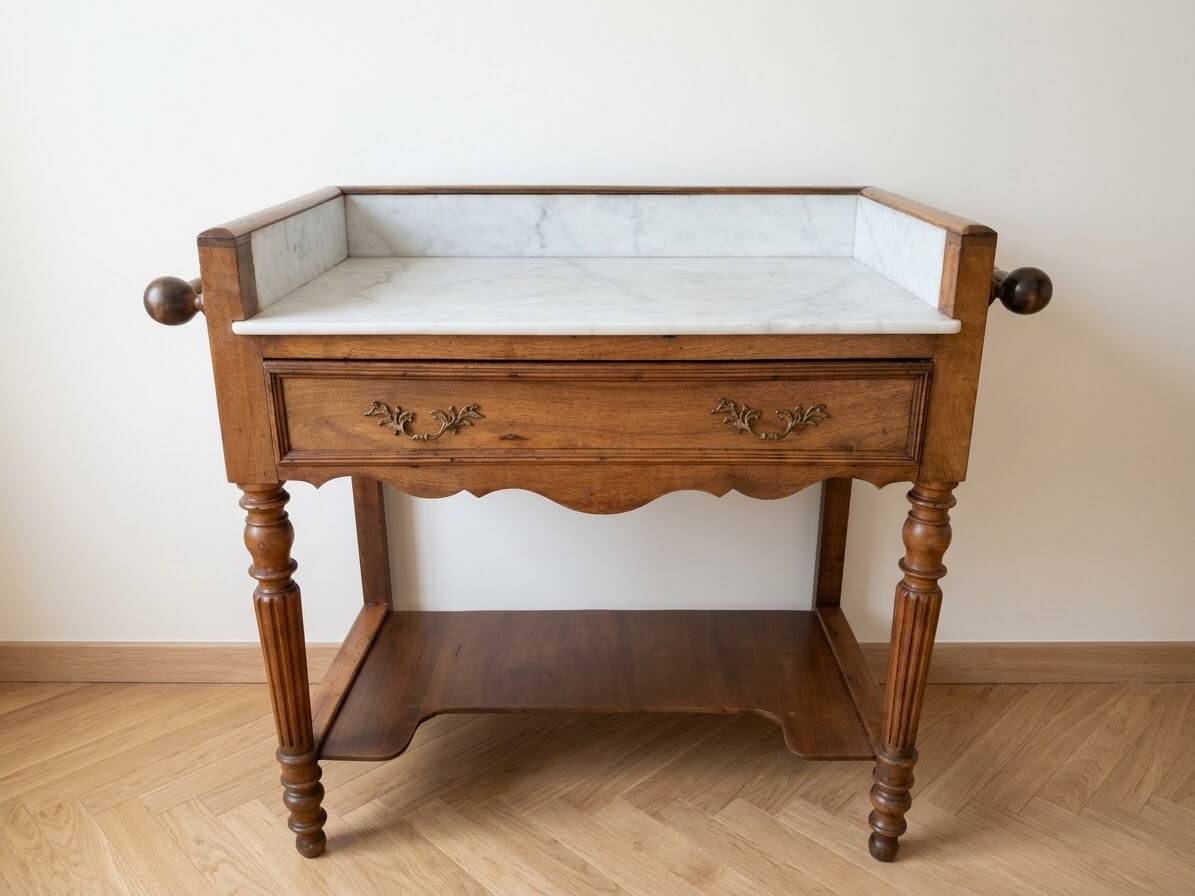 Antique dressing table in solid walnut and white marble.