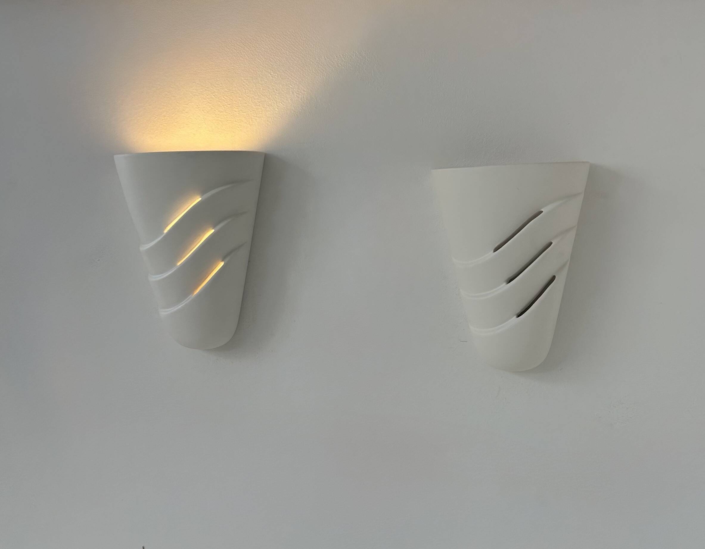 Pair of vintage wall lights, matte white plaster, France, 1970