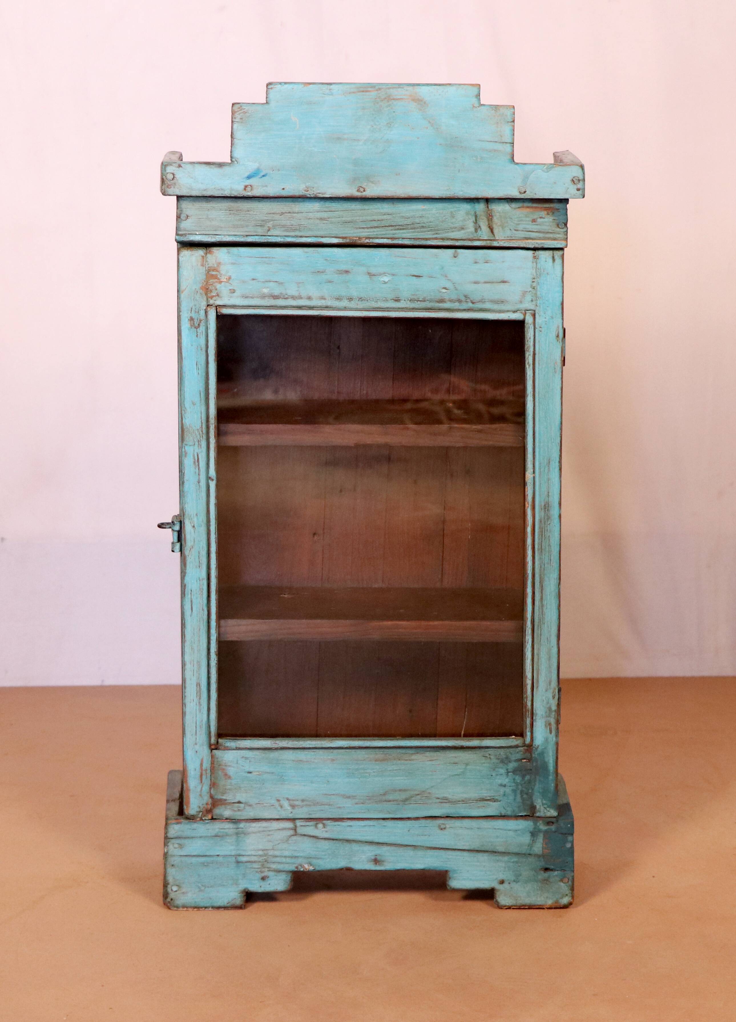 Old art deco wall display case in original blue teak burmese patina