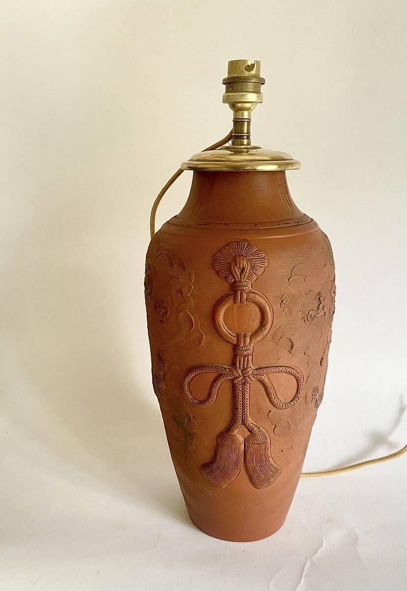 Terracotta lamp, new fabric cable, cotton lampshade.