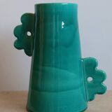 Handmade ceramic abstract vase with large handles and turquoise blue flowers