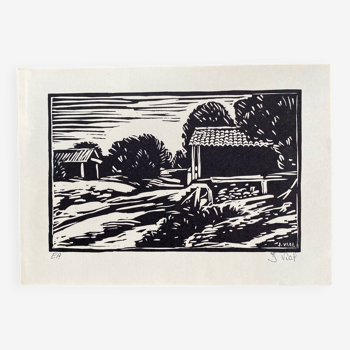 Lithograph stamped landscape