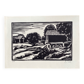 Lithograph stamped landscape