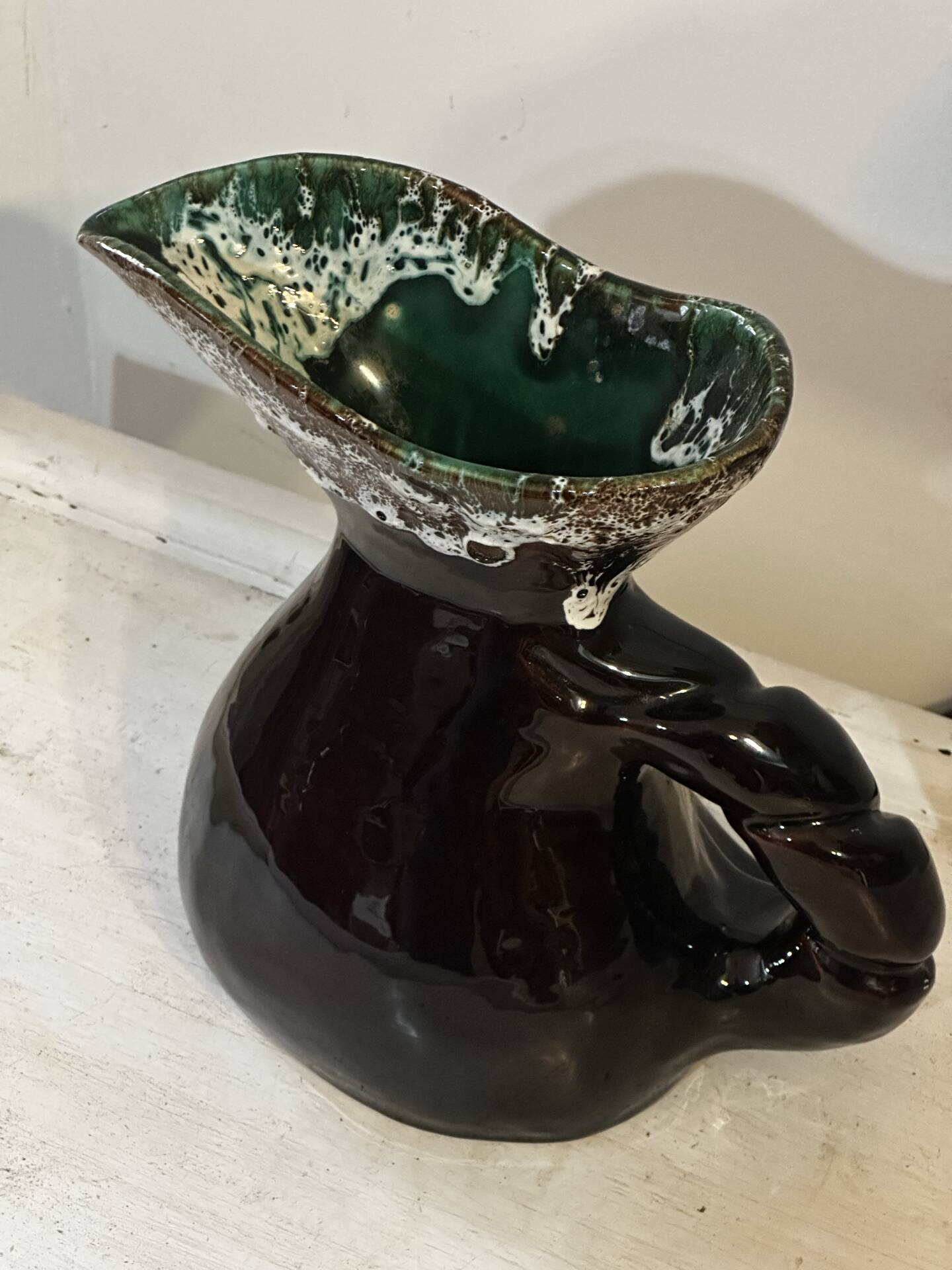 Sculptural pitcher Vallauris in glazed ceramic green and brown, France