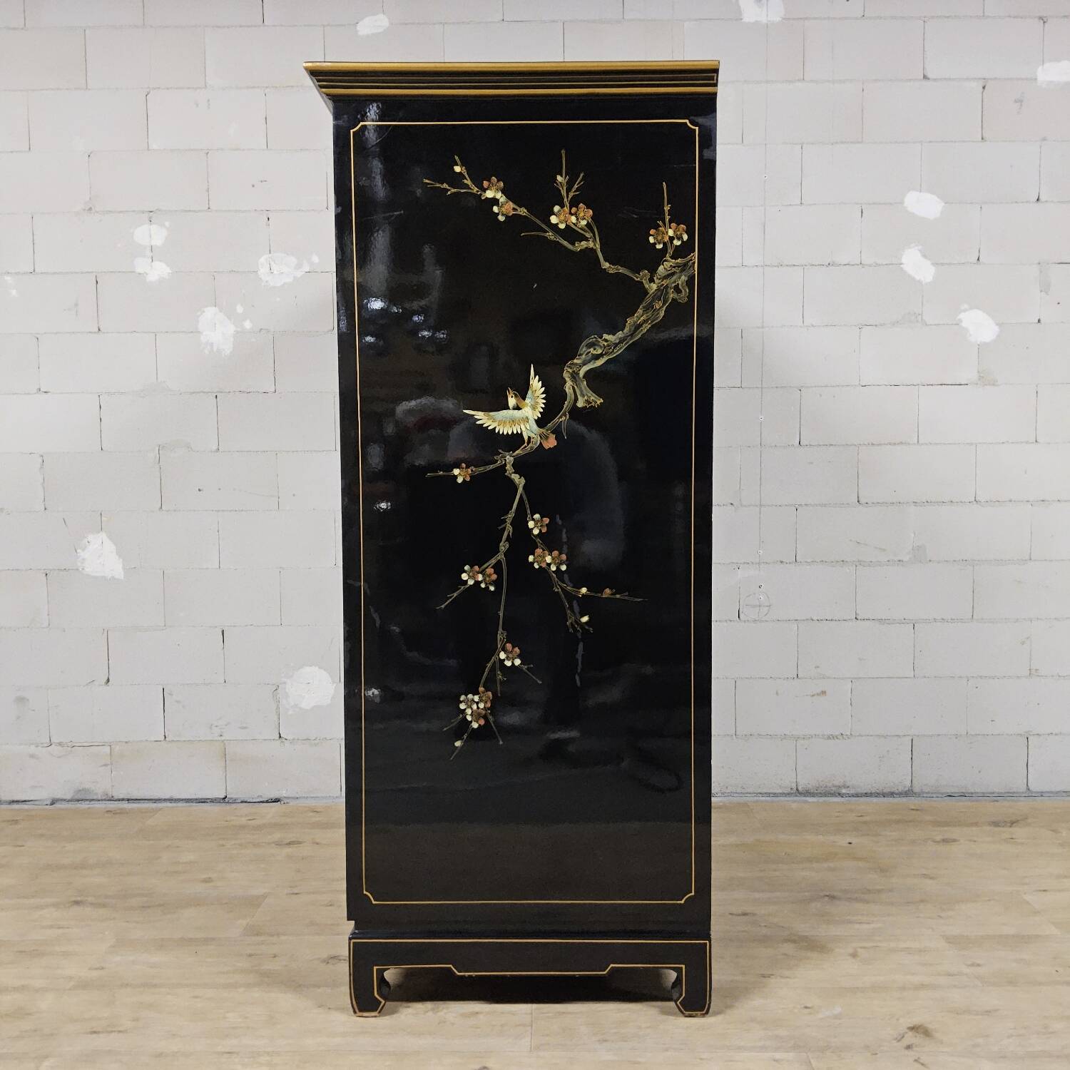 Vintage Chinese black lacquer cabinet with birds and flowers bohemian
