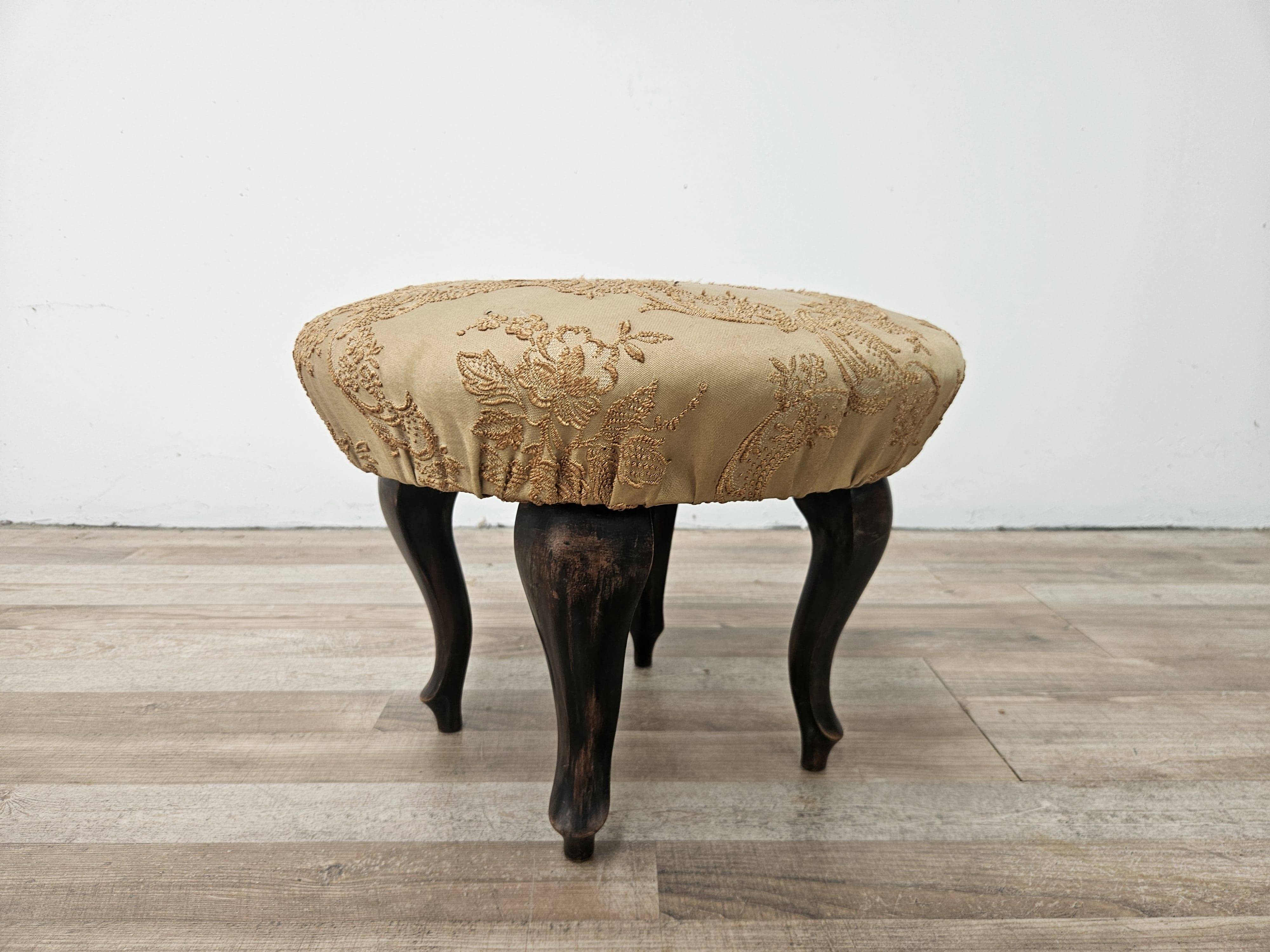 Vintage walnut pouf with fabric-covered seat, 1940s