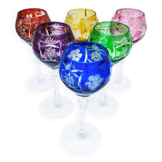Six vintage colored cut crystal wine glasses