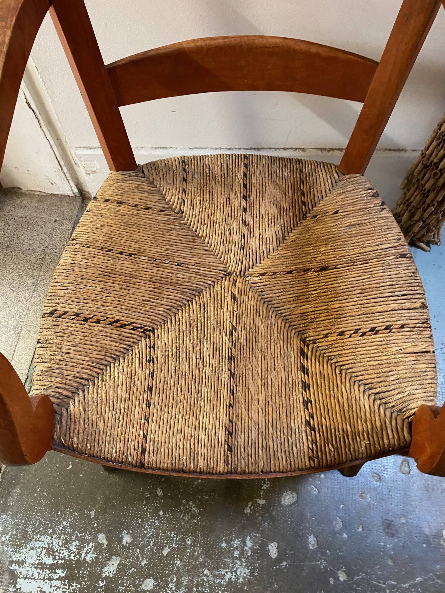 provençal armchair with dark beech armrests two-tone straw seat