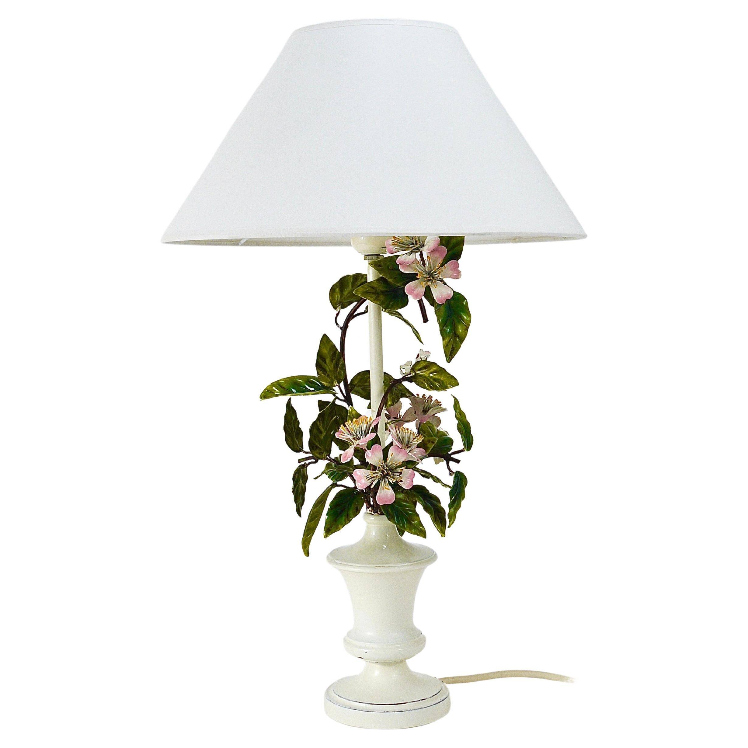 Hand-painted Toleware table lamp with wild apple blossom flowers, Salvadori, Italy, 1950s.