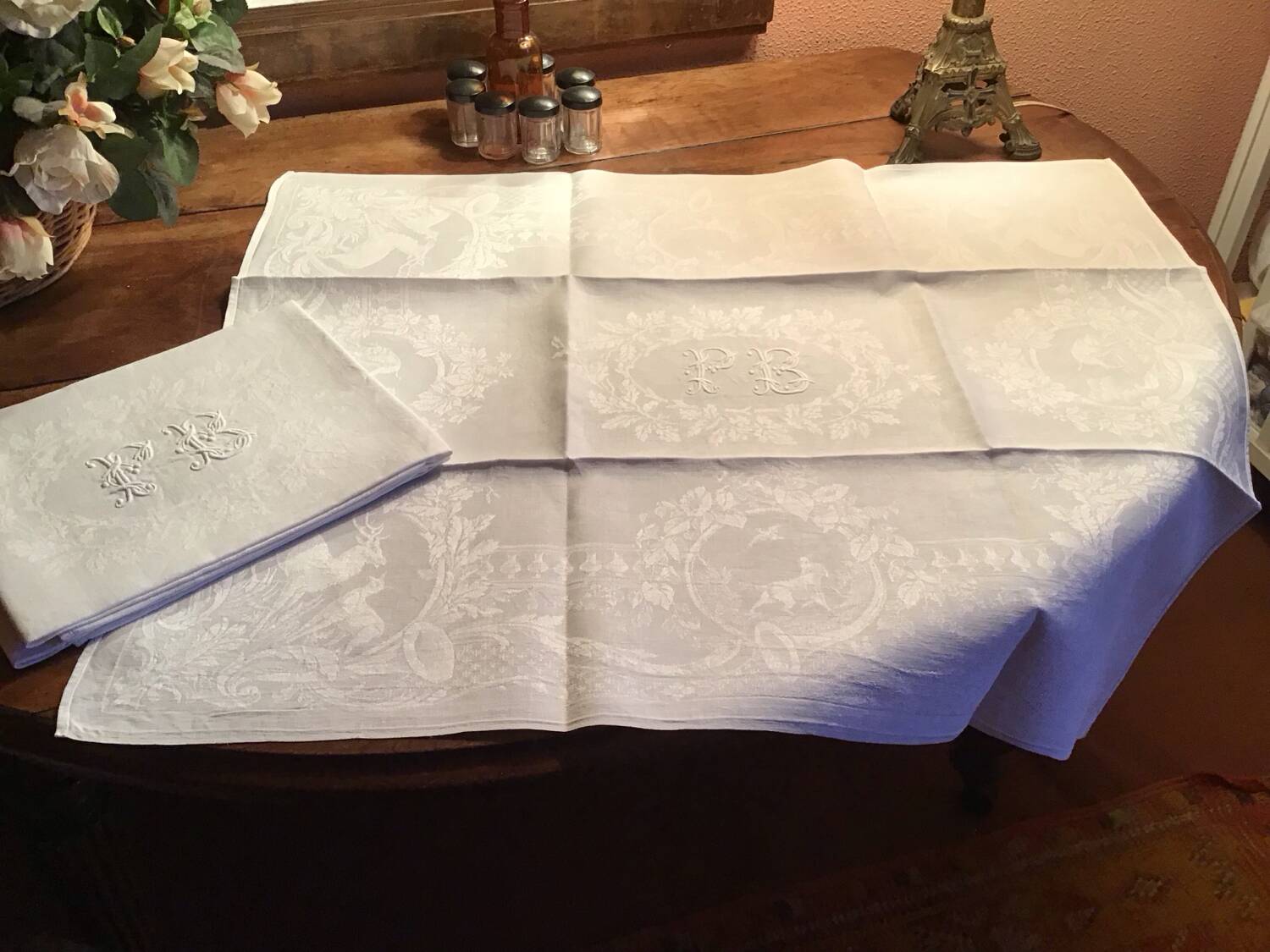 Set of 6 19th century hunting napkins marked “PB”