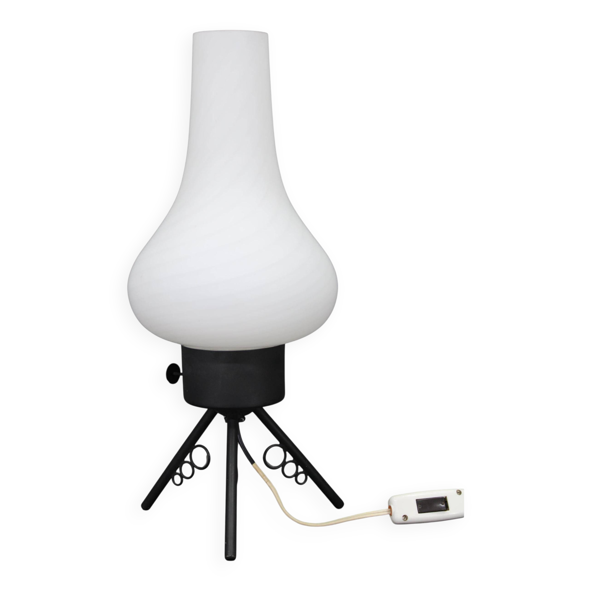 1960s Czech mid-century table lamp with sculptural glass shade and metal tripod
