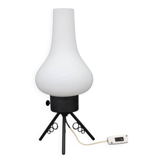 1960s Czech mid-century table lamp with sculptural glass shade and metal tripod