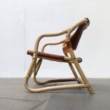 Mid-century safari lounge chair in bamboo and Danish leather, 1960s.