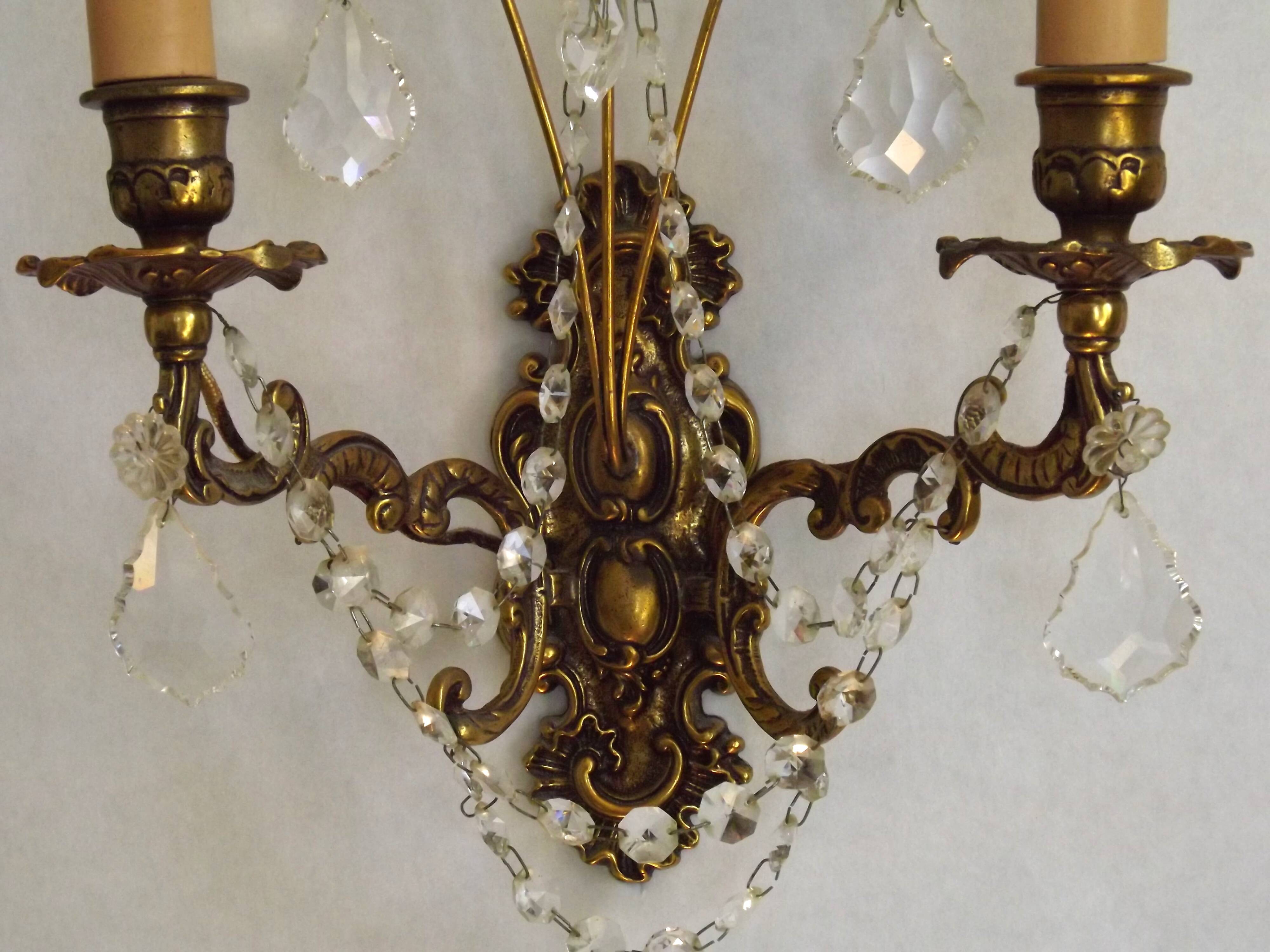 Pair of French Baroque Double Bronze Crystal Wall Lights Glass Bead Swags