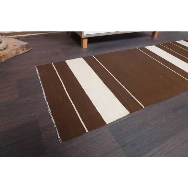 Vintage Turkish Hand-Knotted Wool Cotton Brown Kilim Runner Rug 60x176