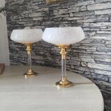 Pair of brass and Clichy glass lamps