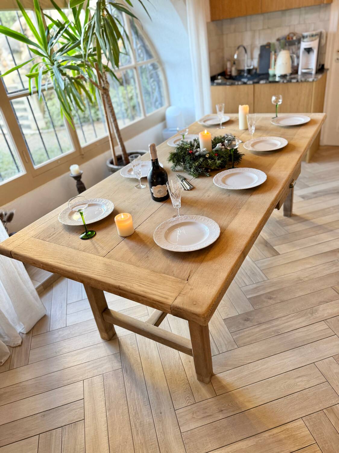 Solid wood farmhouse table with 2 extensions