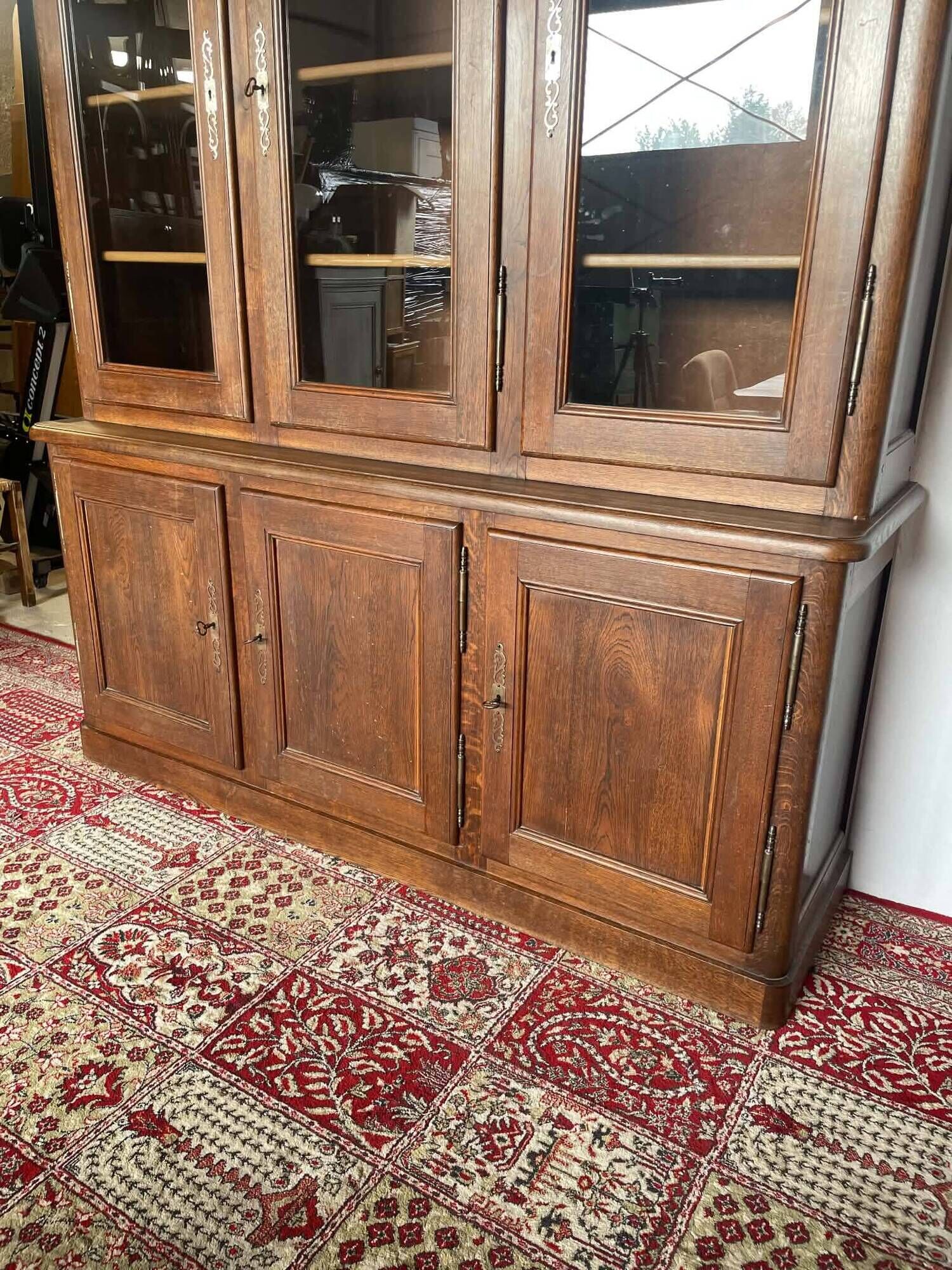 Large antique two-body library in solid oak – 3 glass doors