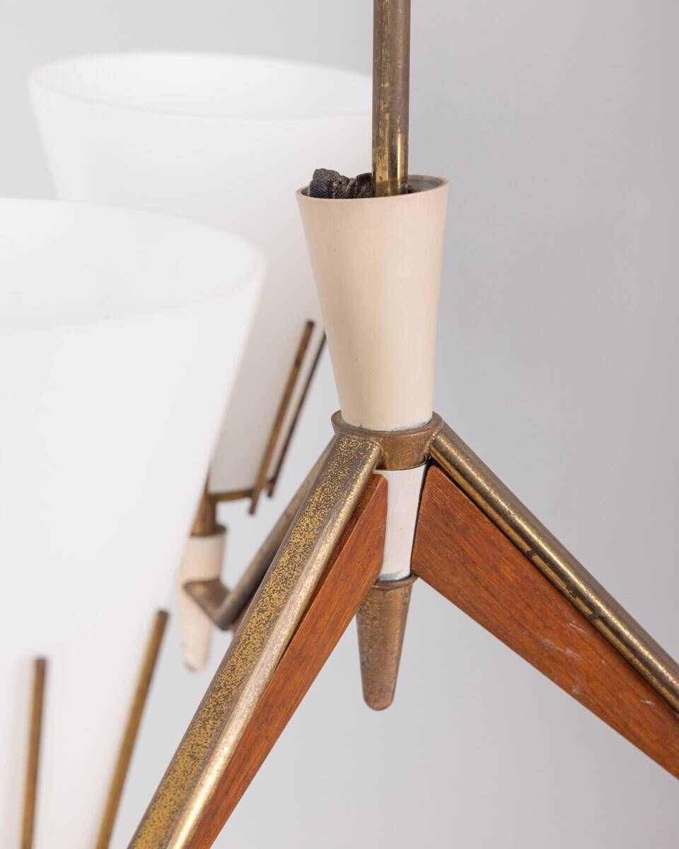 Vintage 50s chandelier in brass, wood and opal glass italian design