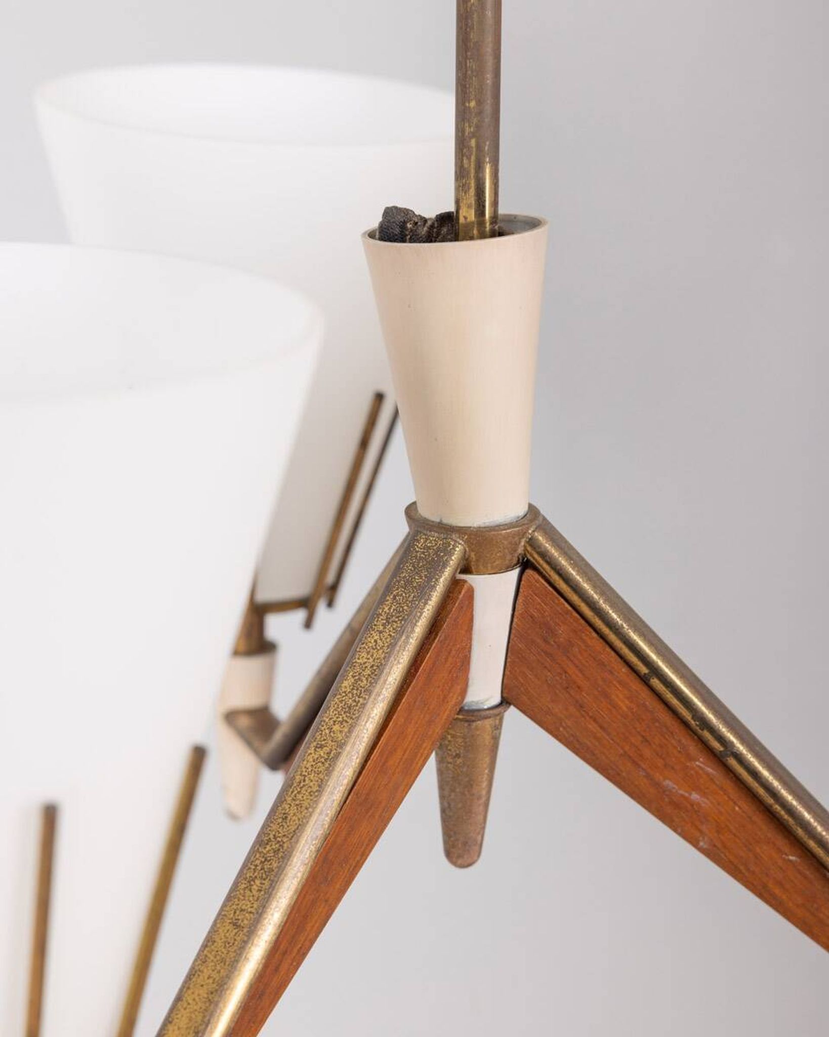 Vintage 50s chandelier in brass, wood and opal glass italian design