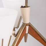 Vintage 50s chandelier in brass, wood and opal glass italian design