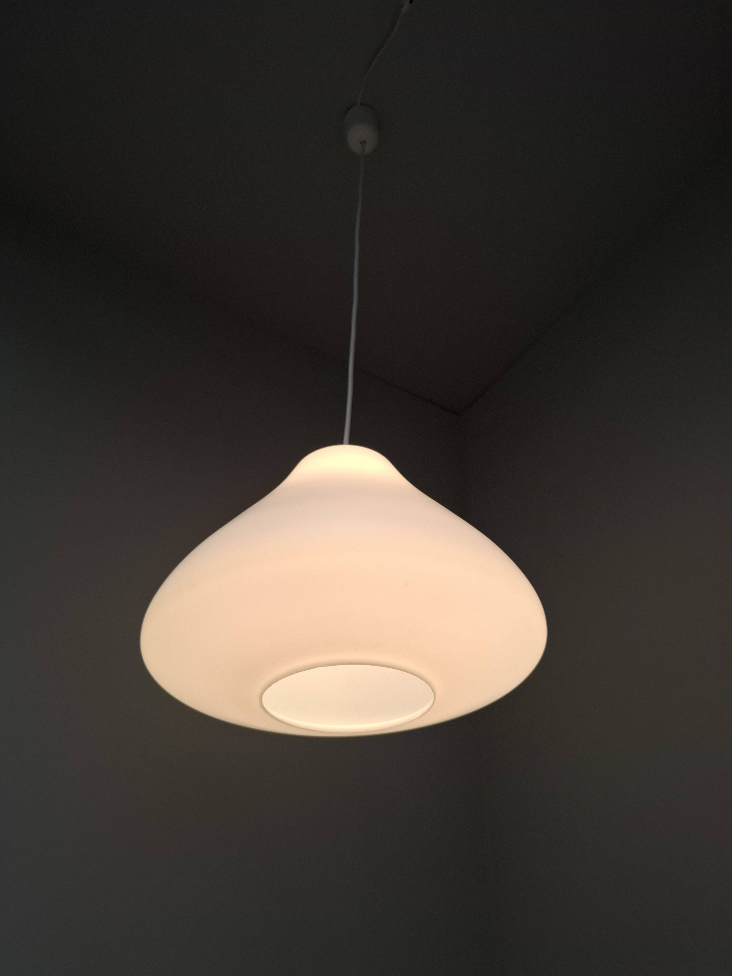 Czechoslovak Midcentury Modern Pendant Light in Opaline Glass and Plastic,