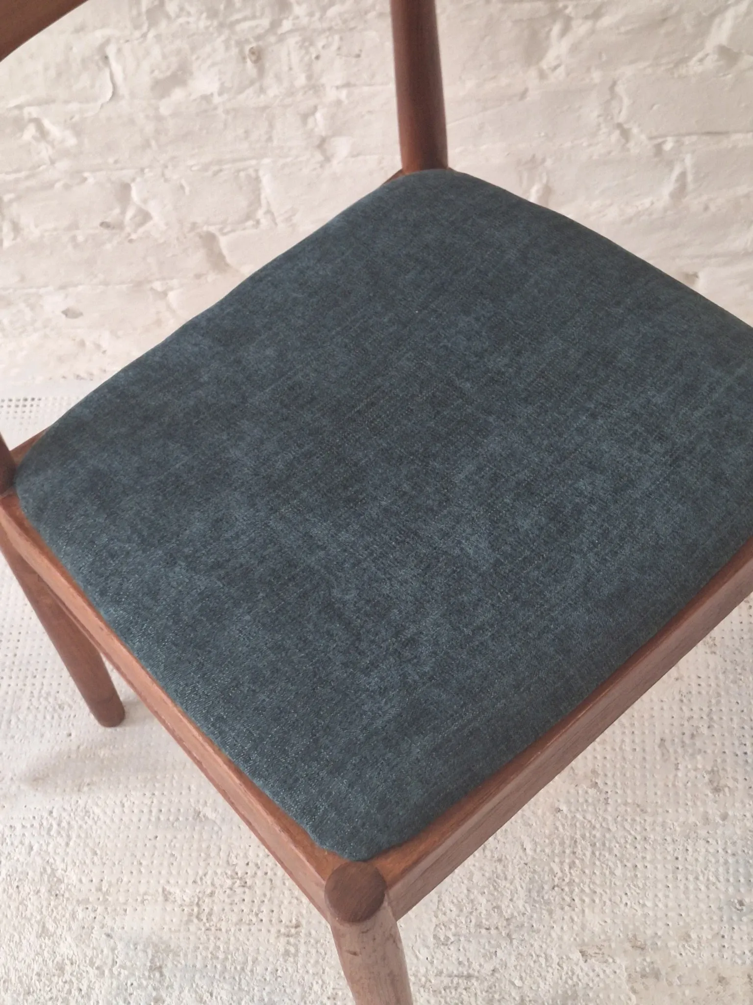 Pair of Henning Kjaernulf teak dining chairs sea blue-green, Denmark 1960s