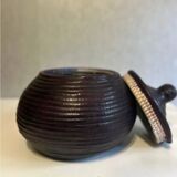 Dark purple wicker and leather round basket