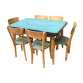 Ensemble salle à manger, table formica à l'italienne avec ses 6 chaises skai vert, années 50