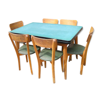 Ensemble salle à manger, table formica à l'italienne avec ses 6 chaises skai vert, années 50