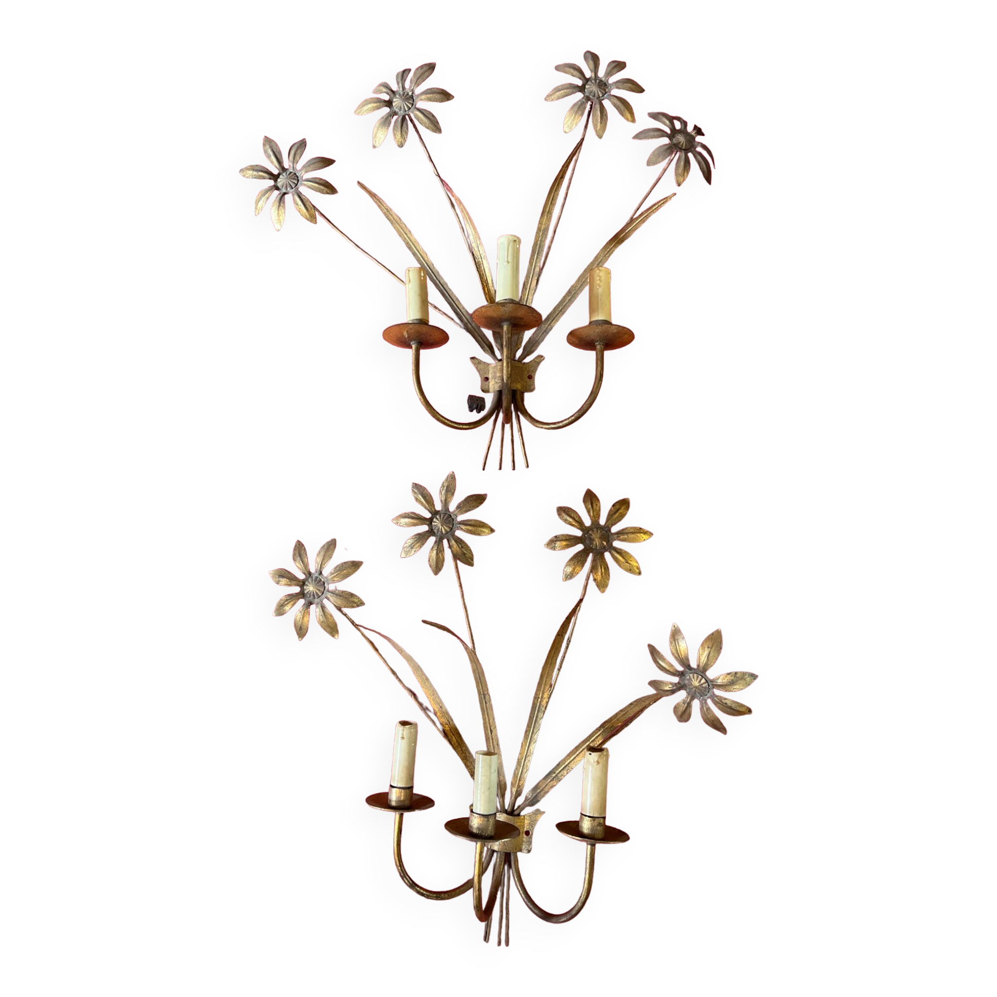 Pair of wall lamps 1970 gilded metal 3 lights