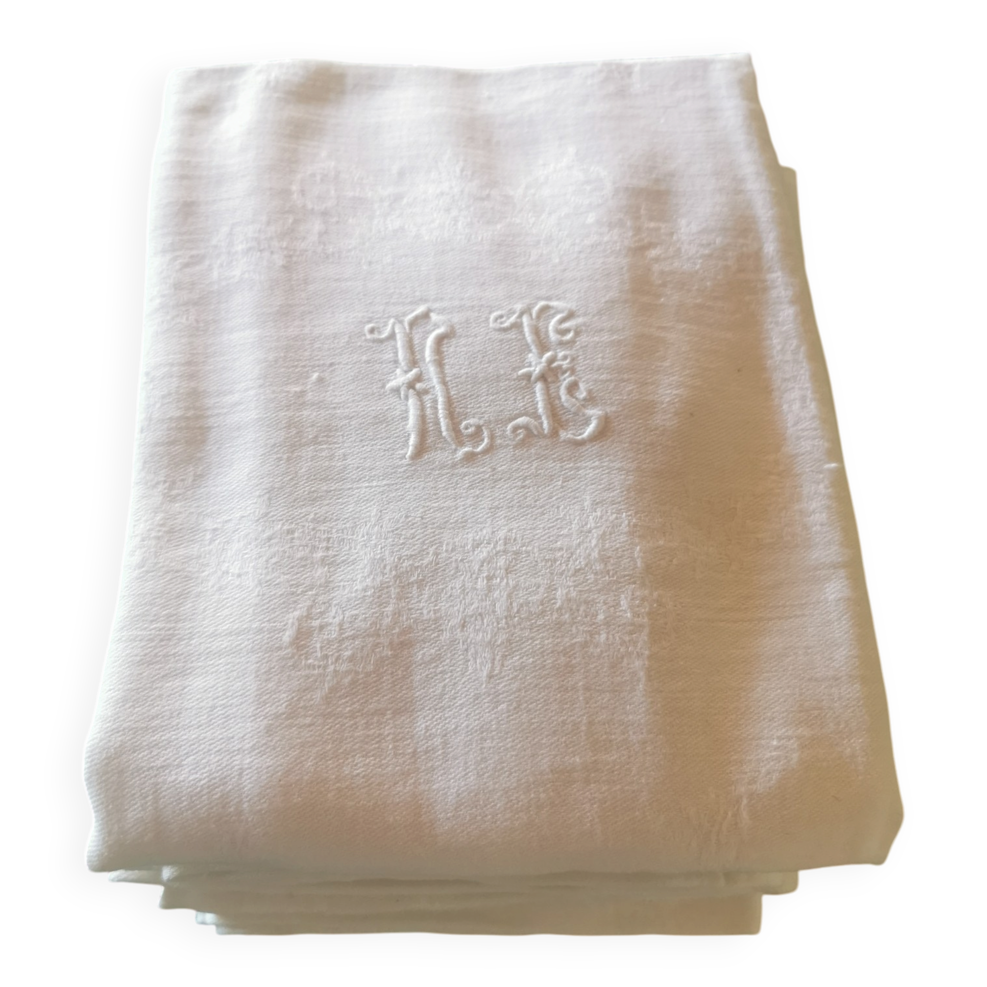 12 old damask linen napkins with monogram, 60x74 cm